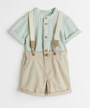 Sage Checkered Button-Down and Khaki Shorts w/Suspenders- 9 months